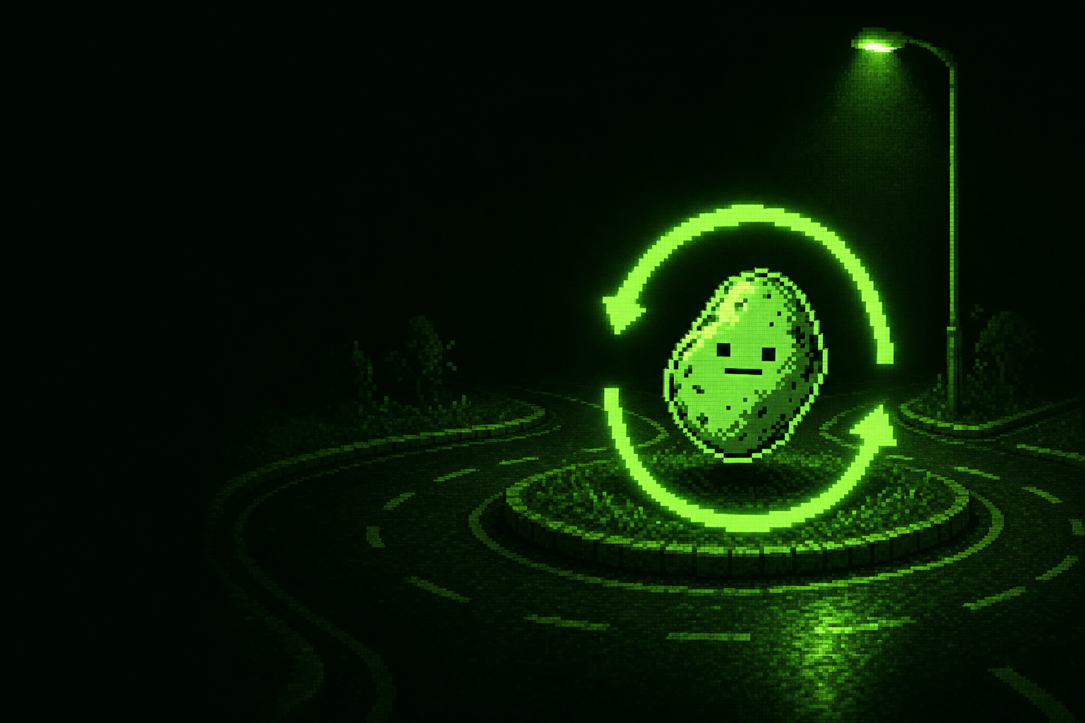 Rotato hovering over a night roundabout under a single streetlamp