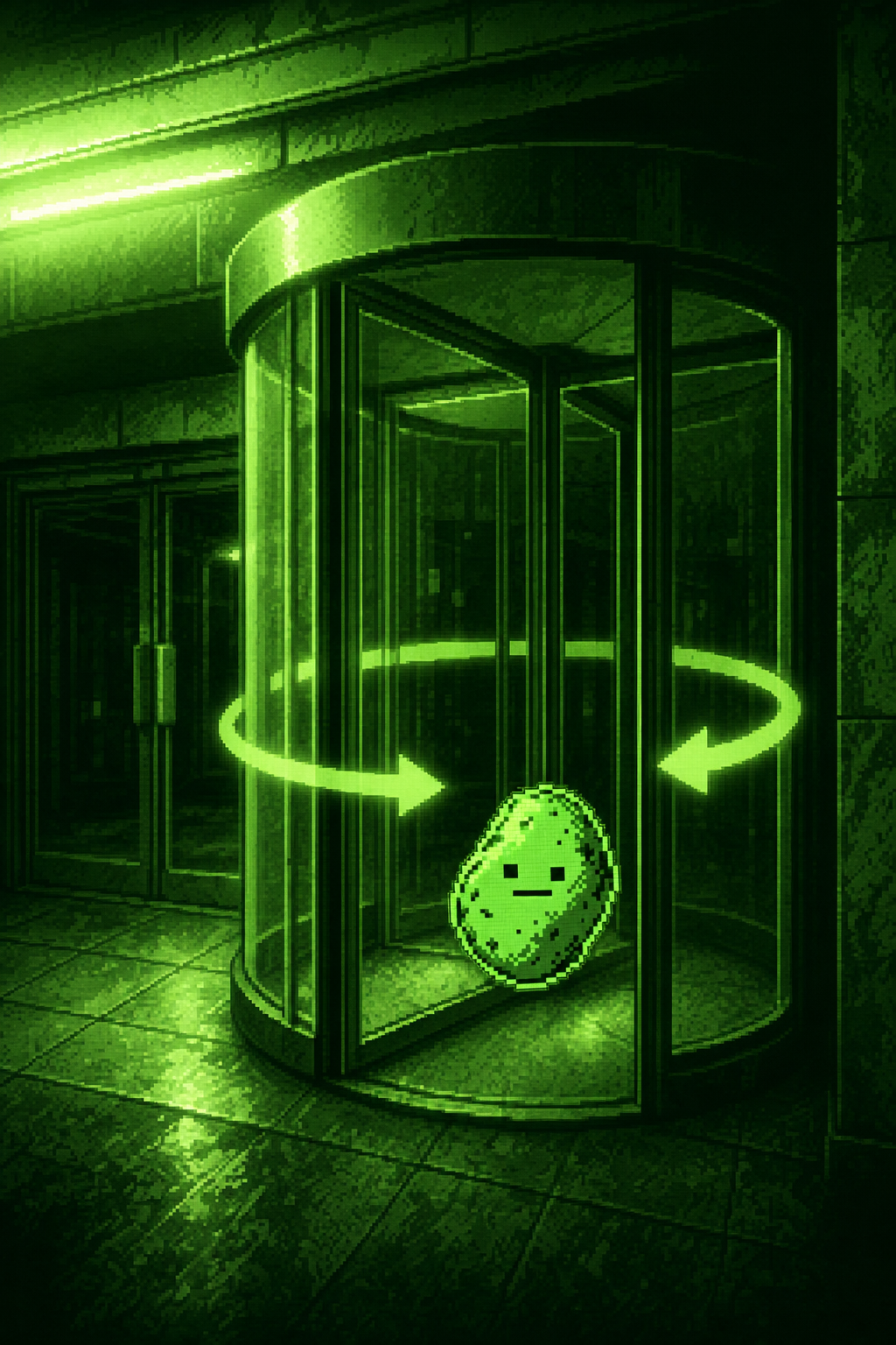 Rotato inside a revolving door, mid swivel
